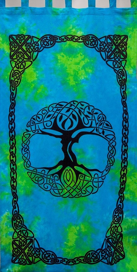 Tie Dye Tree of Life Celtic Curtain - Single Panel, Irish Window Cover, Renaissance Festival Wall Hanging, 100% Cotton Welsh Decoration
