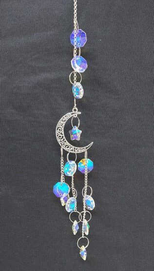 Silver Crescent Moon Sun Catcher, Moon and Stars Wind Chime, Witch Gemstone Catcher with Jewels, Boho Dreamcatcher, Hippy Rainbow Bead Charm