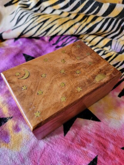 Carved Celestial Wood Celtic Box Metal Inlay, Irish Wooden Box, Welsh Keepsake, Hand Engraved Magic, Witch Tarot Card, Wiccan, Pagan, Brass