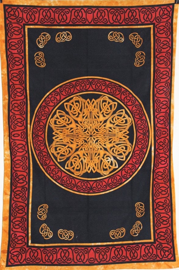 Red Celtic Circular Knot Tapestry, Irish Twin Bed Spread, Renaissance Festival Wall Hanging, Welsh Table Cloth, 100% Cotton Decoration - Image 3