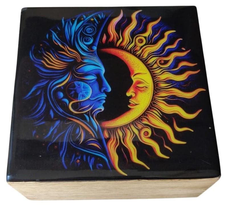 Celestial Sun Moon Wood Box, Hippie Wooden Box, Square Colorful Keepsake Box, Laminated Magic Box, Witch Tarot Card Storage, Wiccan, Pagan